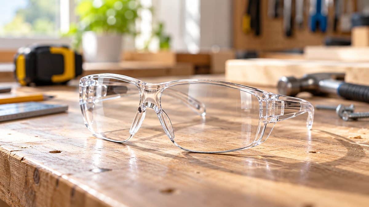Clear safety glasses resting on a wooden workbench with tools in the background