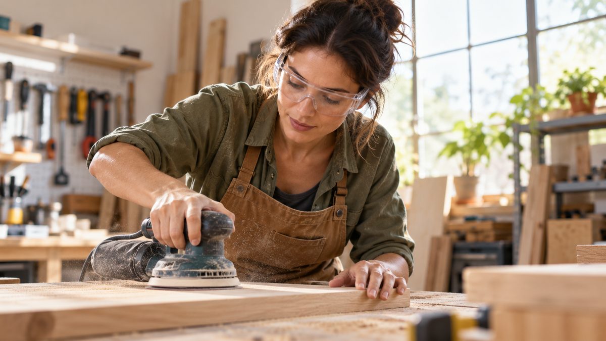 Person wearing clear protective glasses while sanding wood in a bright workshop