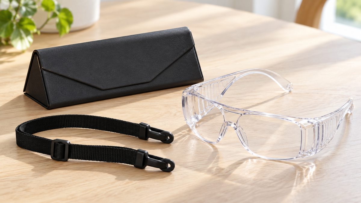 Folding glasses case, adjustable strap and clear safety glasses on a light table