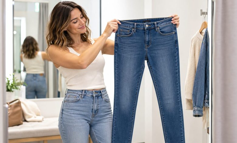 Woman in a bright fitting room holding up a pair of blue stretch jeans
