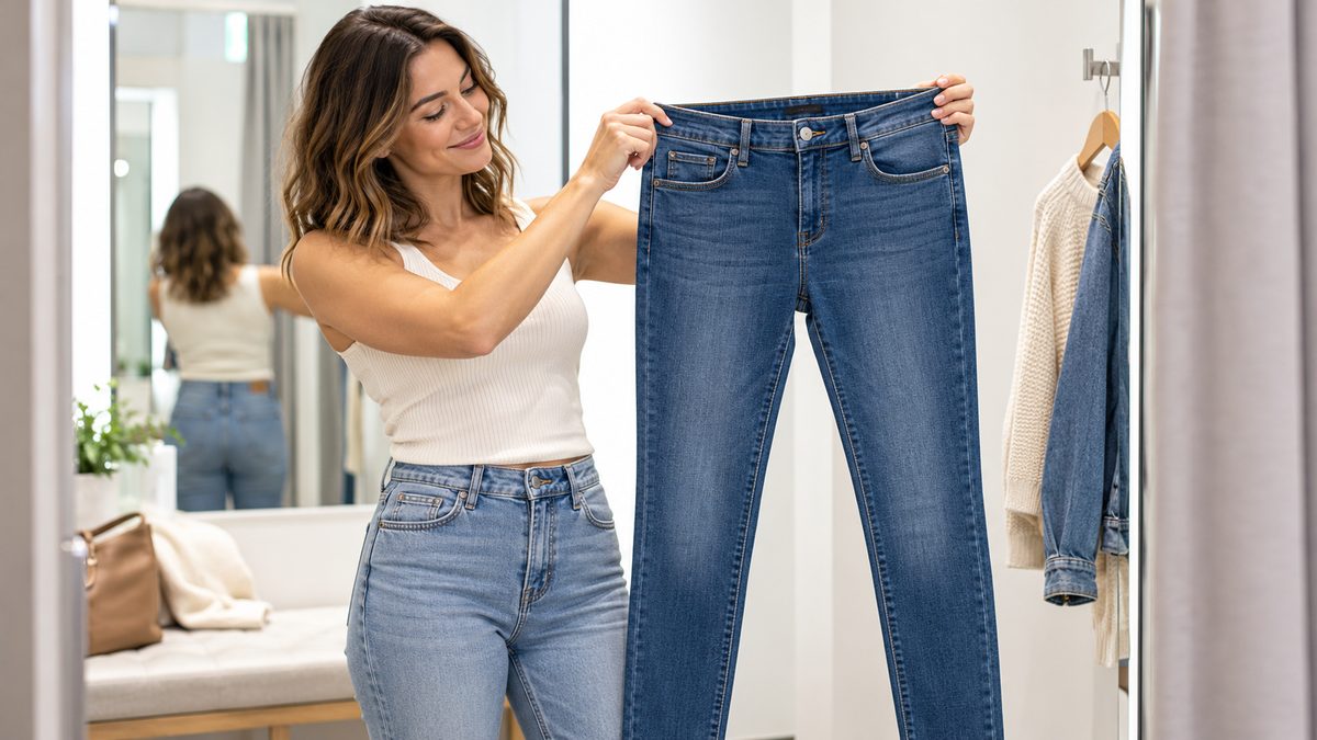 Woman in a bright fitting room holding up a pair of blue stretch jeans