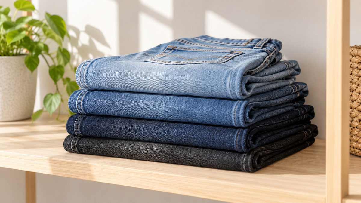 Stack of folded denim jeans in different washes on a light wooden shelf