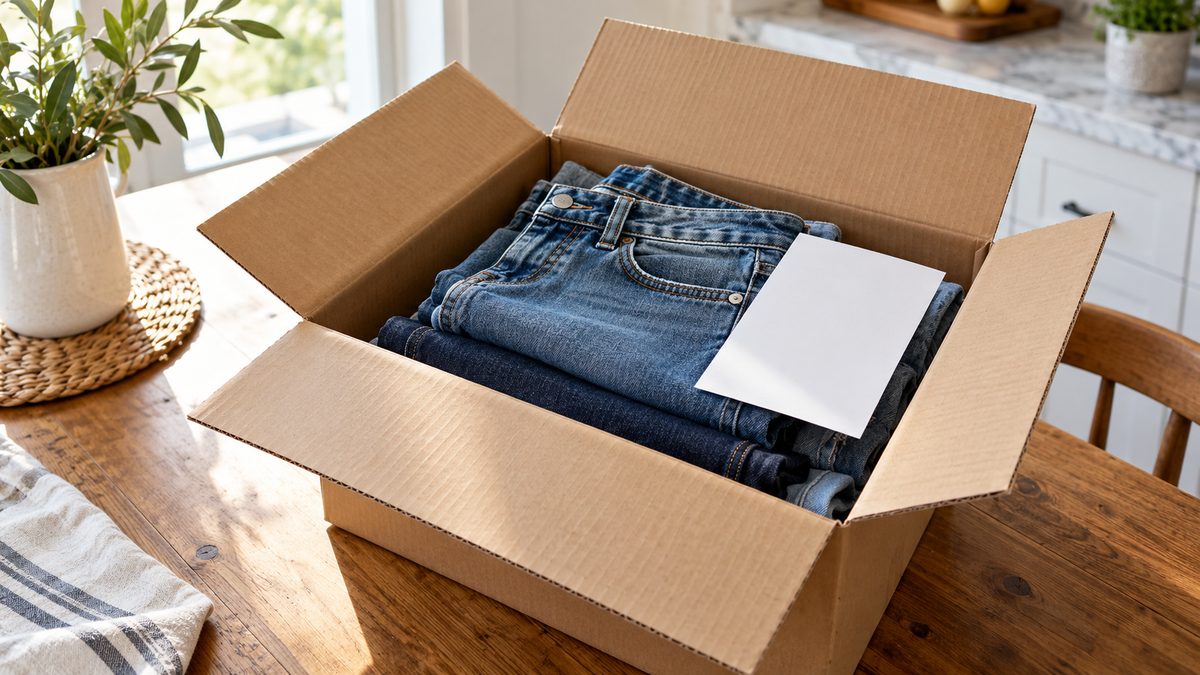 Open shipping box with folded jeans and a blank paper slip on a kitchen table