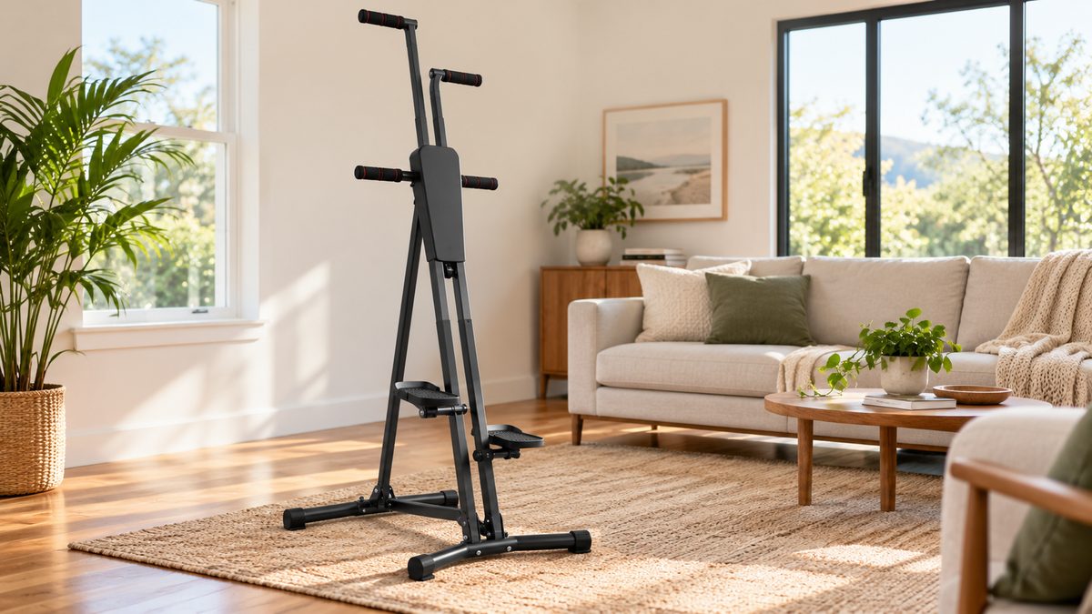 Vertical climber home exercise machine in a bright living room