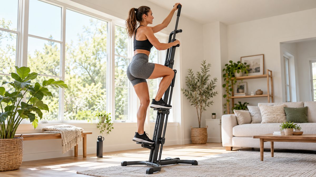 Woman doing a vertical climbing cardio workout on a home climber machine