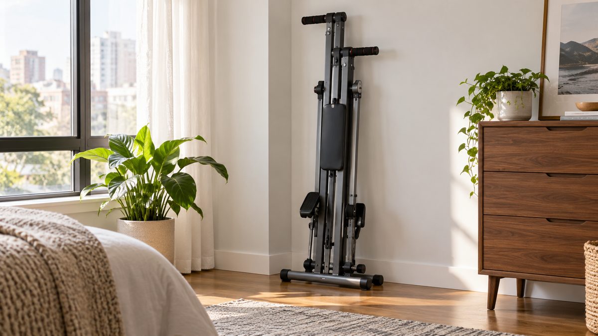 Folded compact vertical climber stored upright against a bedroom wall