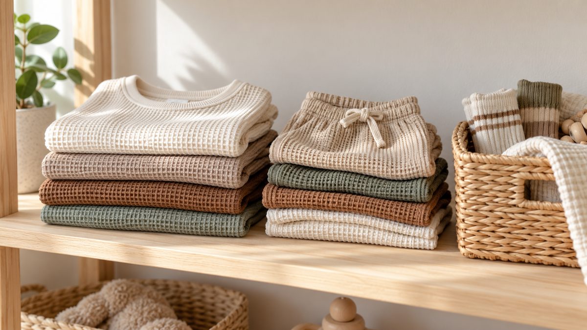 Folded neutral-colored kids clothes on a wooden shelf next to a wicker basket