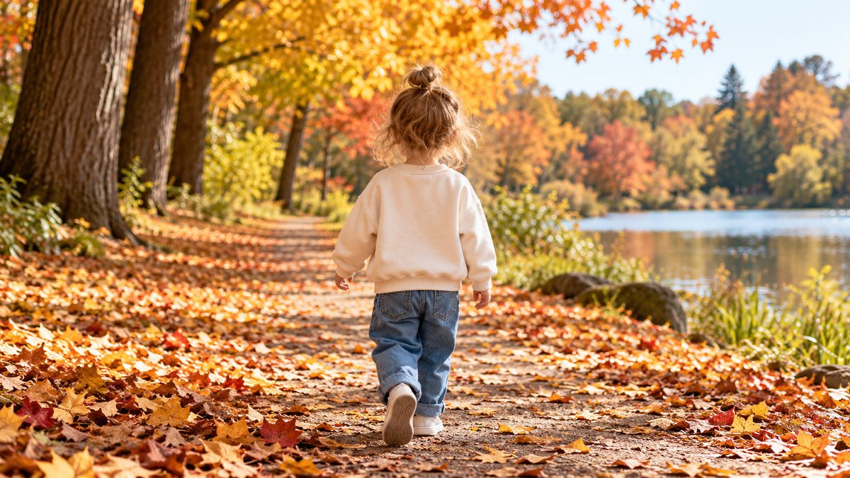 Young child in a cream sweatshirt and jeans walking on an autumn park path