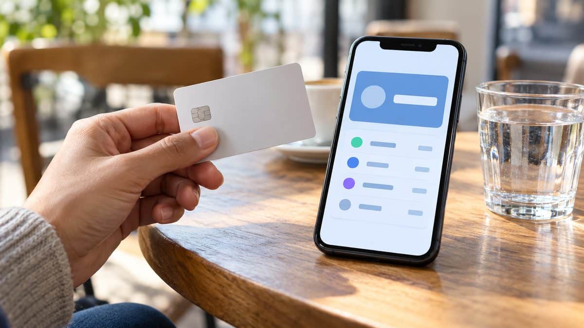 Hand holding a generic prepaid debit card near a phone showing a balance after a plasma donation