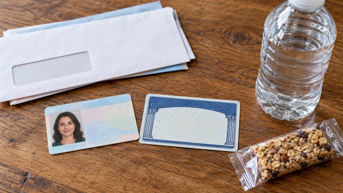 Items to bring to a first plasma donation: photo ID, Social Security card and a recent piece of mail on a table