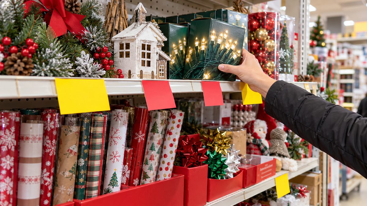Shelf of marked-down holiday decorations with bright clearance tags after the season