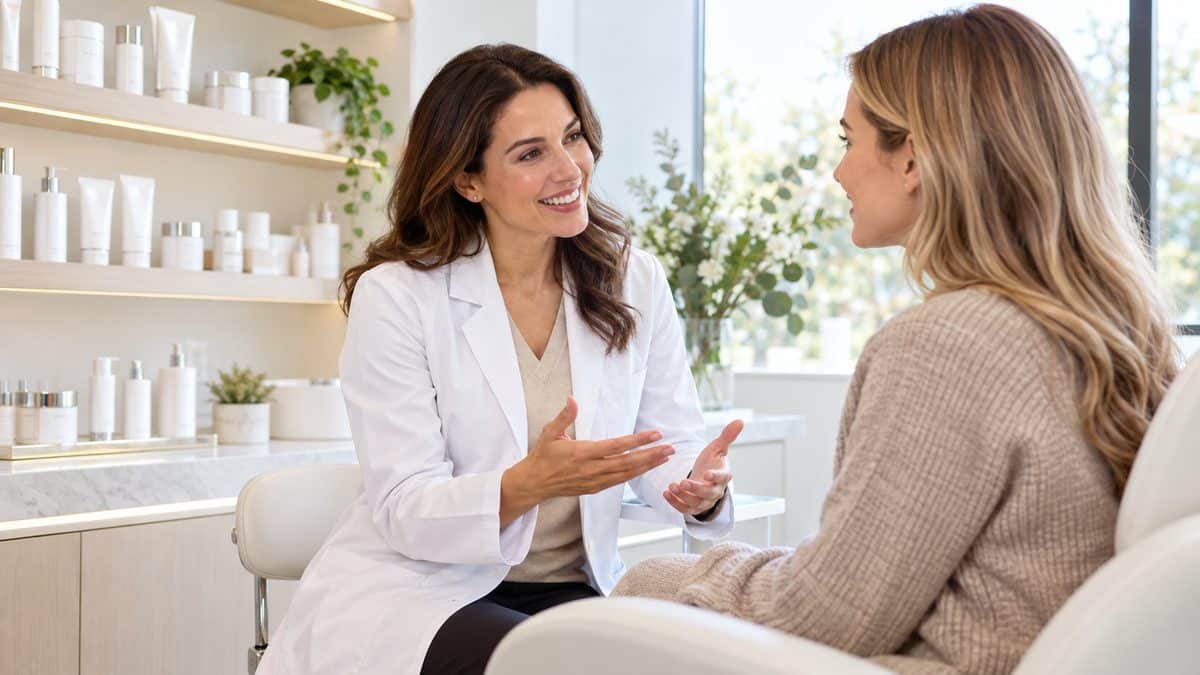 Dermatologist in a white coat talking with a patient in a bright skin clinic