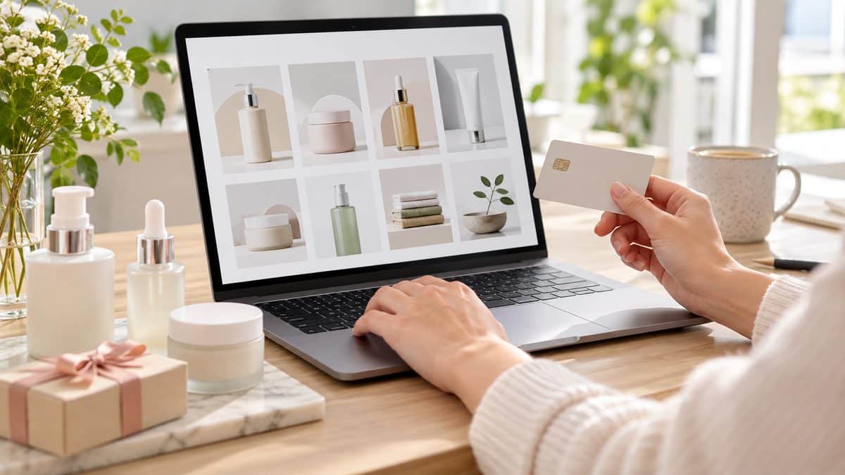 Shopping for skincare online on a laptop with a card in hand and products on the desk
