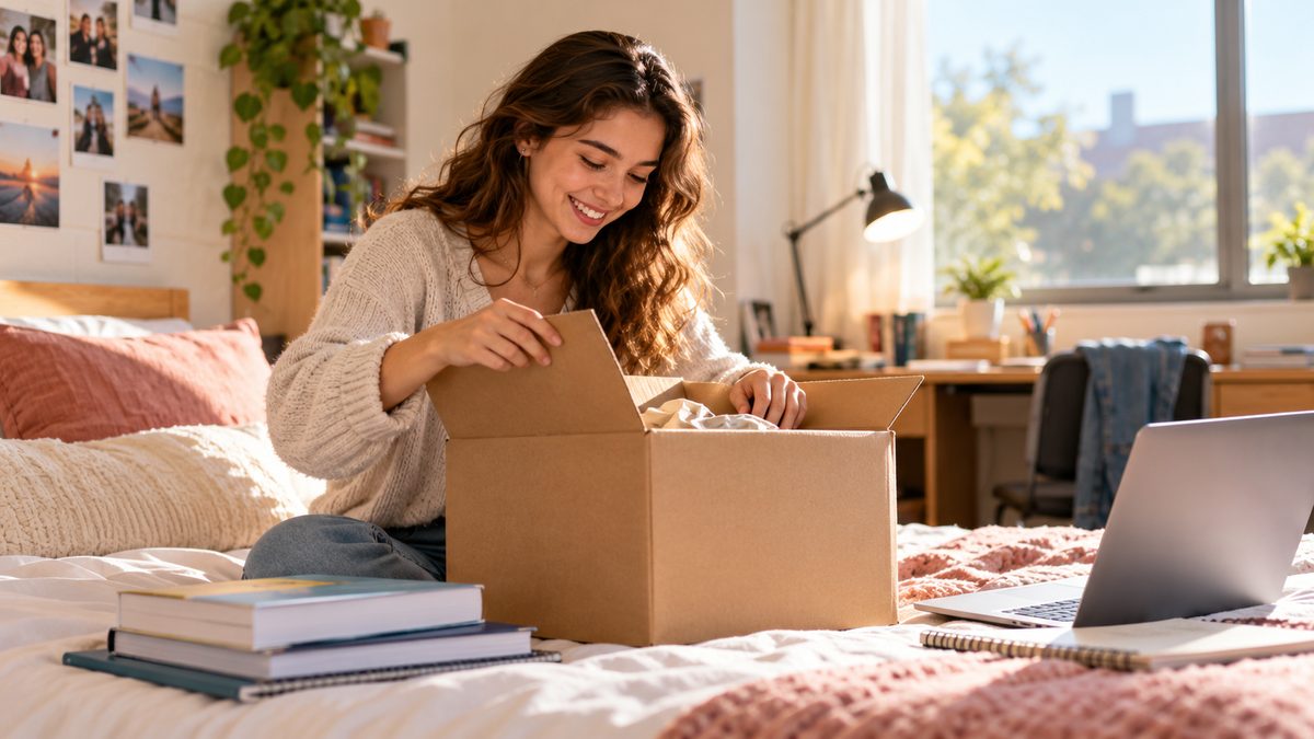College student unpacking a delivery box in a sunny dorm room