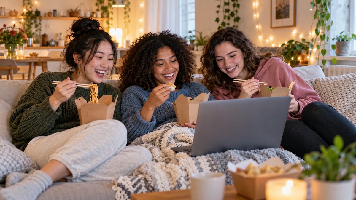 Students streaming a movie together on a laptop in a bright shared apartment