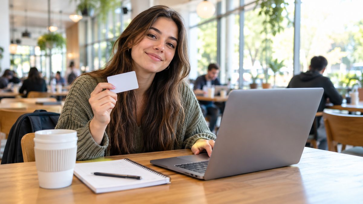 Young adult signing up for a discounted Prime membership on a laptop at a campus cafe