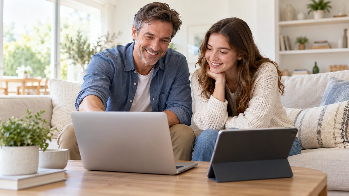 Student and parent comparing laptop and tablet options at home