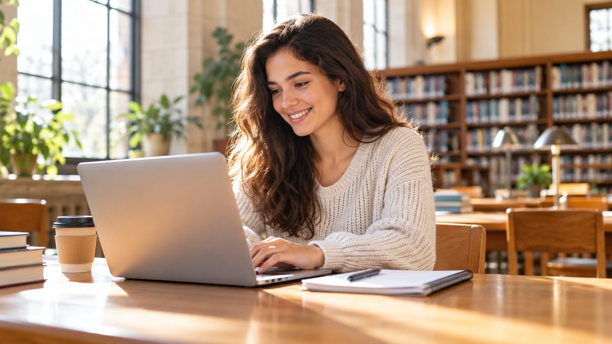 College student using a laptop at a bright campus study table