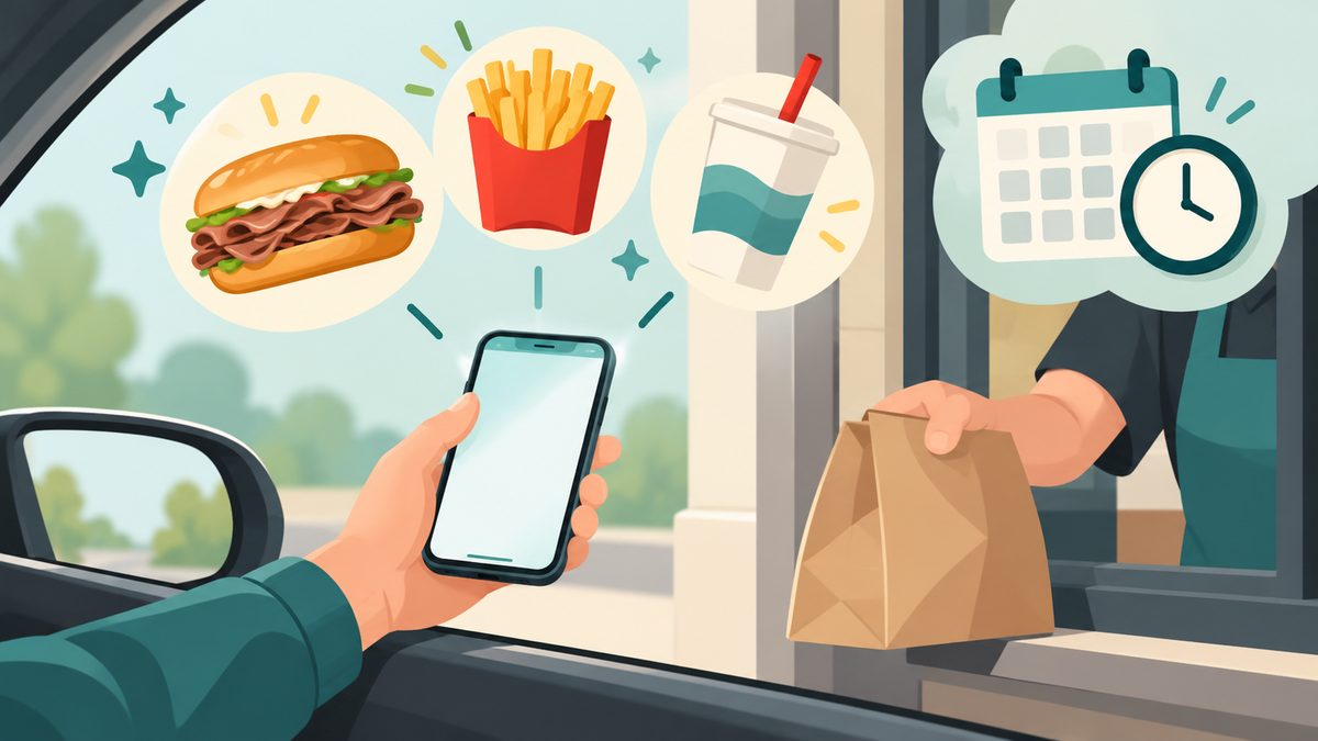 Driver holding a phone at a drive-thru window with sandwich, fries and drink reward icons