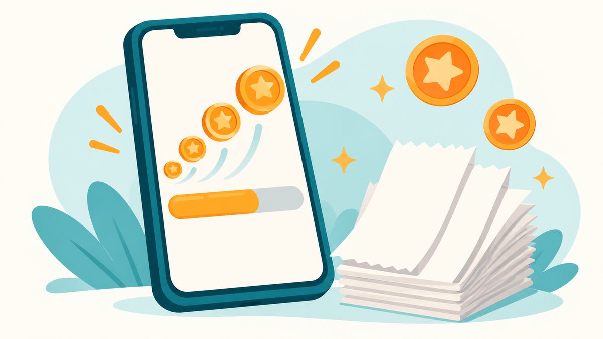 Illustration of a phone with a points progress bar filling up next to a stack of receipts