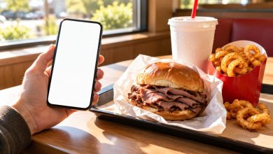 Hand holding a phone over a tray with a roast beef sandwich, curly fries and a drink