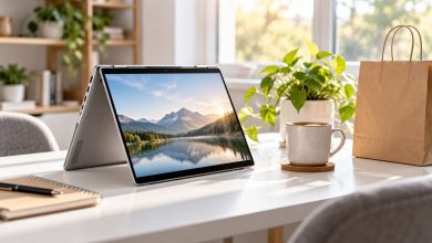 Slim convertible laptop folded into tent mode on a bright desk next to a coffee mug and shopping bag