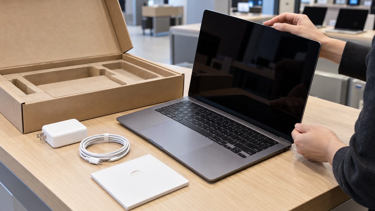 Open-box laptop being inspected on a store counter next to its original packaging