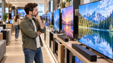 Shopper comparing large flat-screen TVs in a bright electronics store aisle