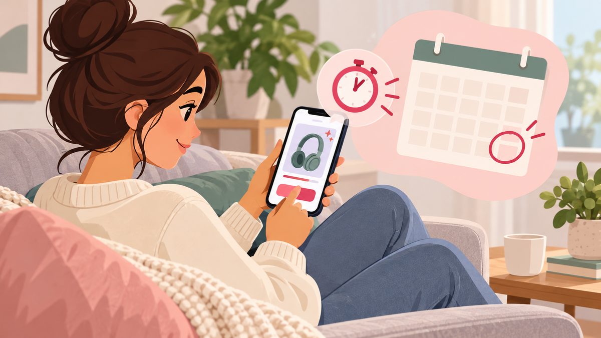 Person checking a limited-time electronics deal with a countdown on a smartphone at home