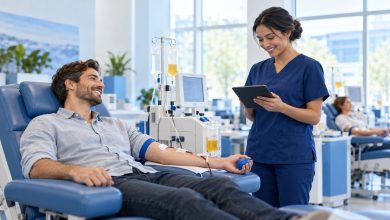 Donor relaxing in a reclining chair at a modern plasma donation center while a staff member checks a tablet