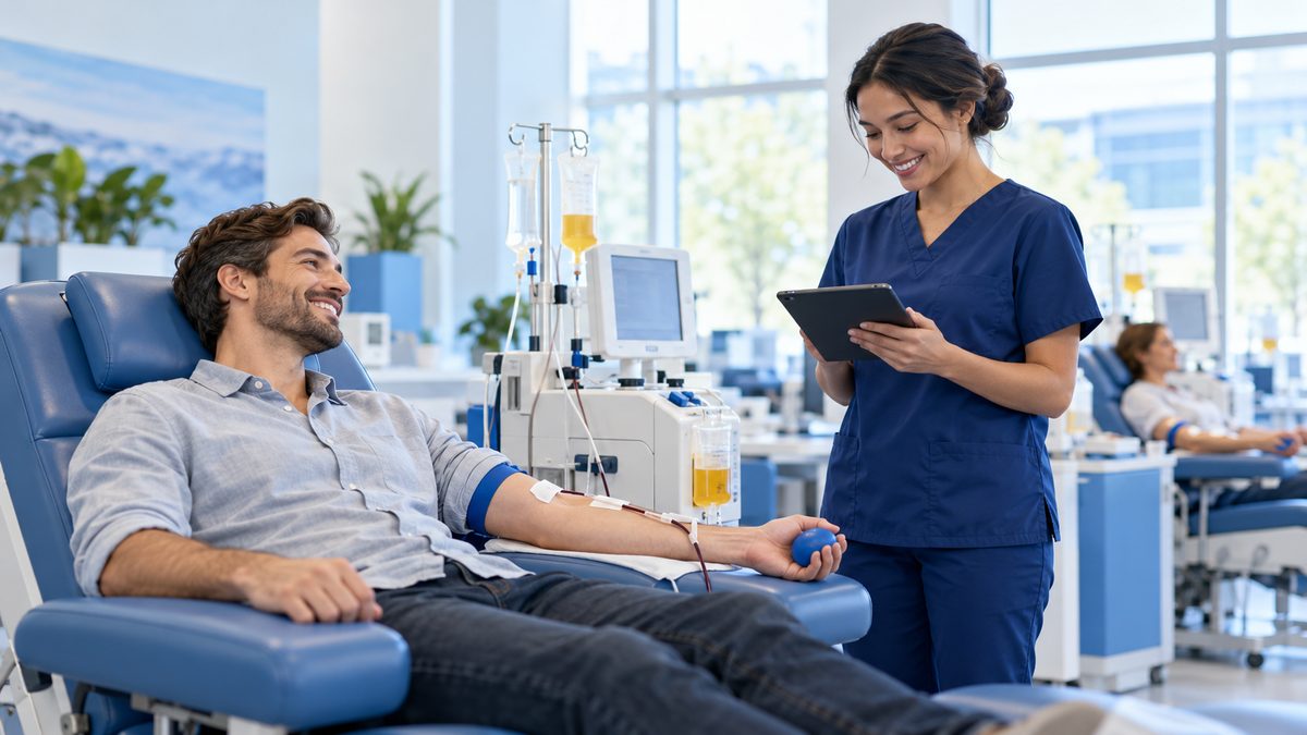 Donor relaxing in a reclining chair at a modern plasma donation center while a staff member checks a tablet