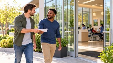 Two friends walking into a bright plasma donation center together, one handing the other a printed referral coupon