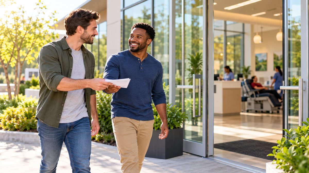 Two friends walking into a bright plasma donation center together, one handing the other a printed referral coupon