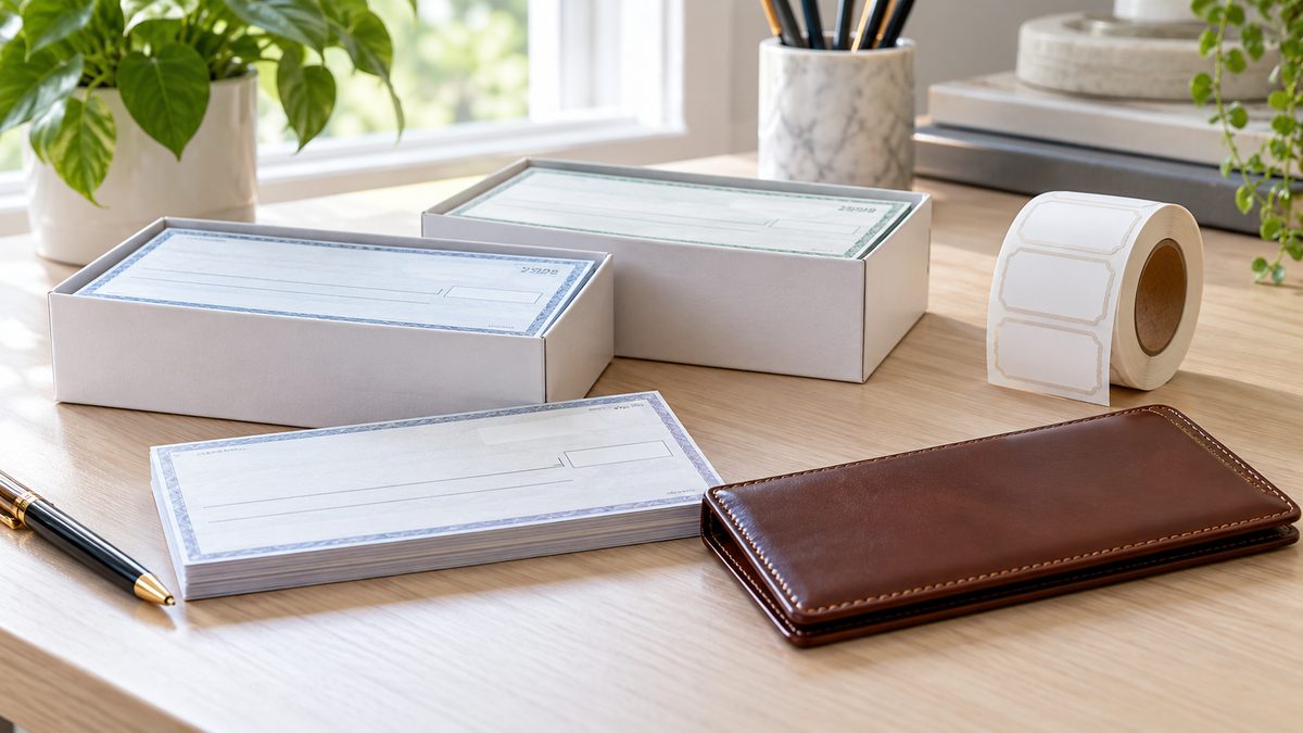 Boxes of new checks and a checkbook cover arranged on a light home office desk