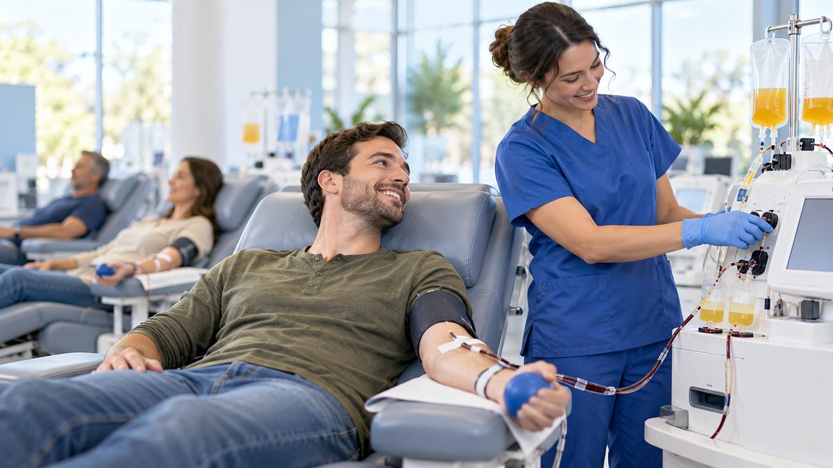 Plasma donor relaxing in a reclining chair while a nurse checks the donation machine at a bright plasma center