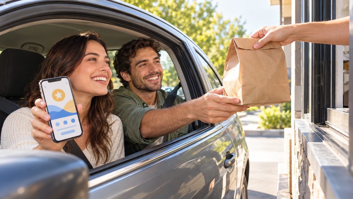 Happy couple receiving a food bag at a drive-thru window with a rewards app on the phone