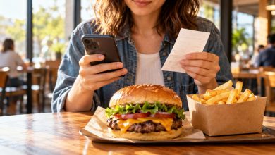 Woman holding a receipt and phone in front of a cheeseburger and fries