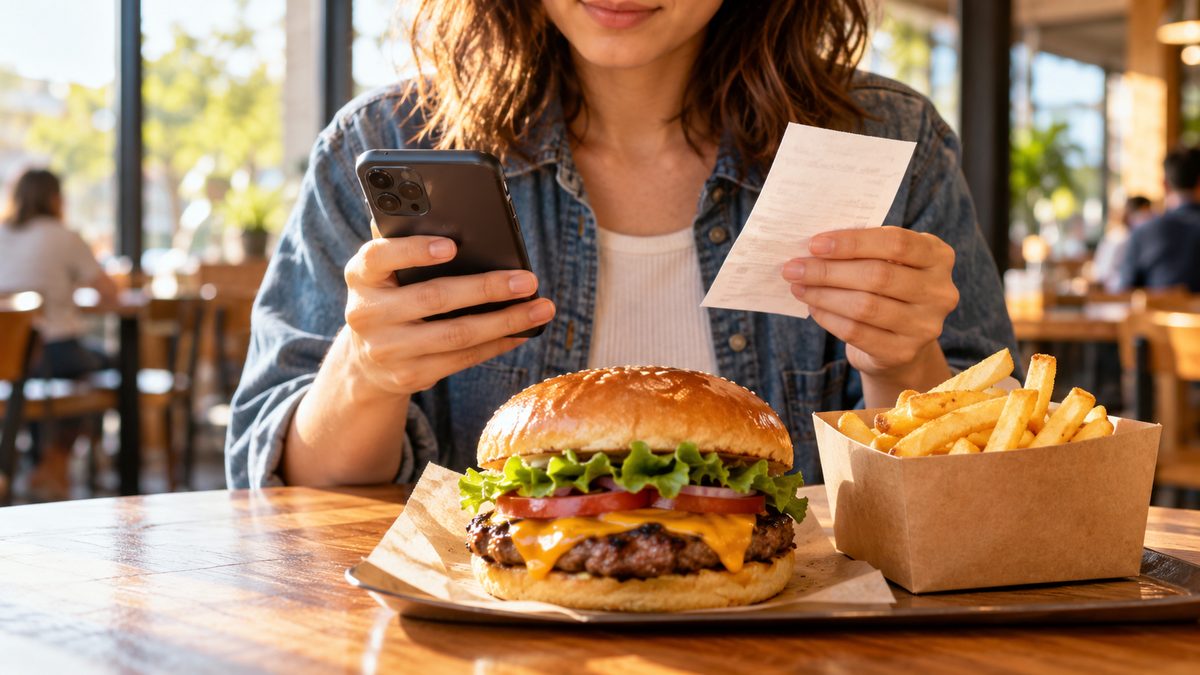 Woman holding a receipt and phone in front of a cheeseburger and fries