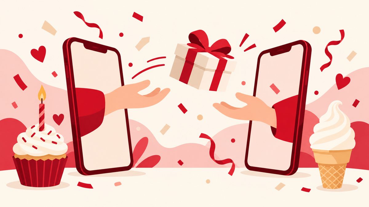 Illustration of a birthday treat and a gifted reward being shared between phones