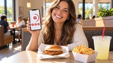 Customer holding a smartphone with a rewards app next to a chicken sandwich meal