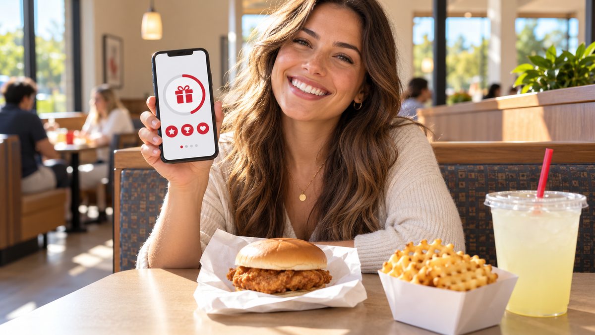 Customer holding a smartphone with a rewards app next to a chicken sandwich meal