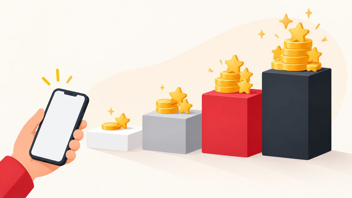 Illustration of rising loyalty tier levels with points stacking up