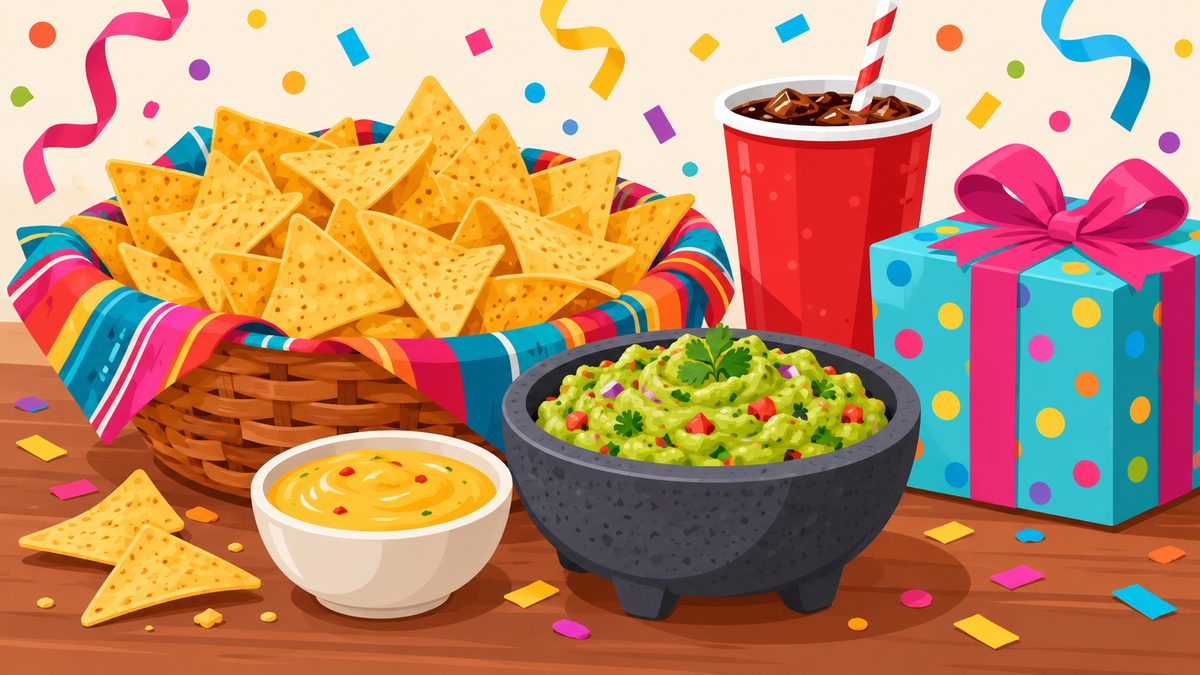 Illustration of a birthday treat with chips, guacamole and a drink beside a small gift box