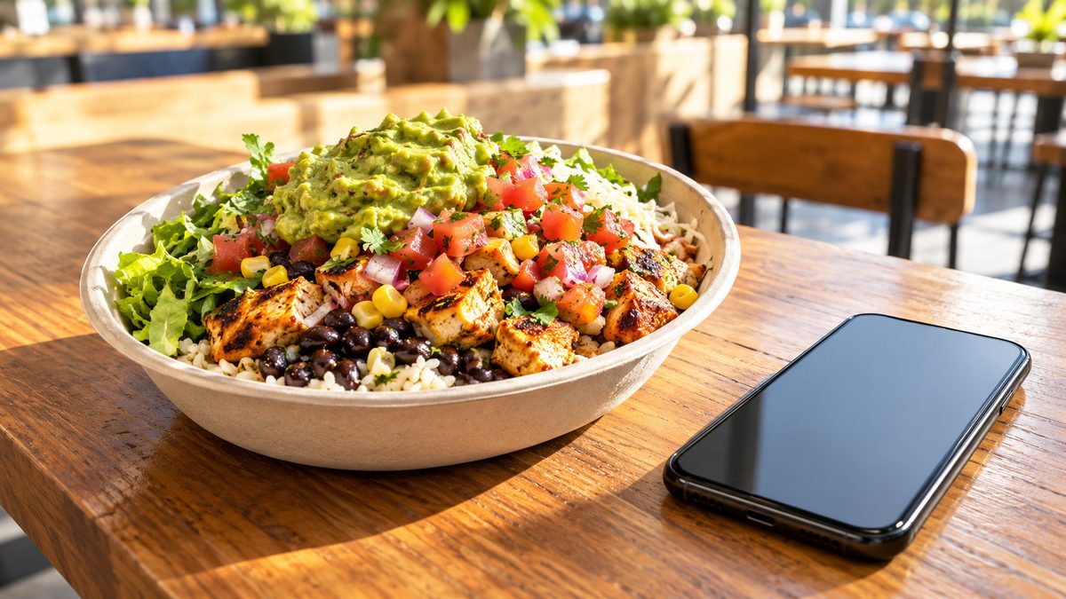 Burrito bowl with rice, beans, salsa and guacamole next to a phone on a sunny restaurant table