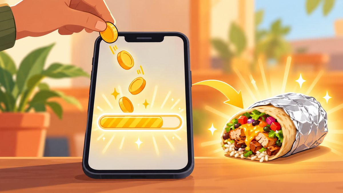 Illustration of a phone screen filling a progress bar with coins that turn into a free burrito