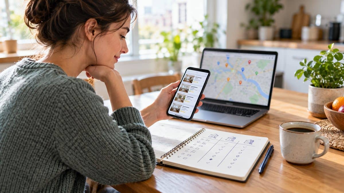 Person comparing plasma donation center offers on a smartphone with a map of nearby locations