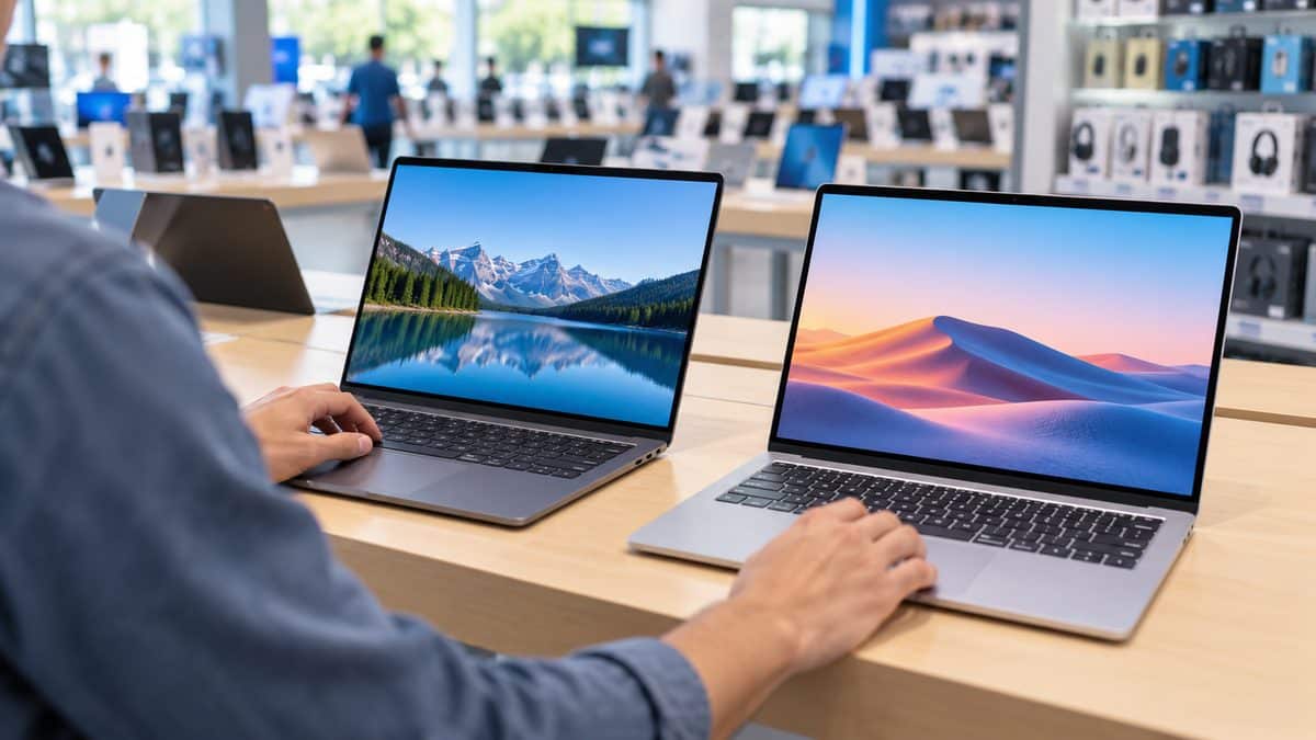 Shopper comparing two open laptops side by side on a table in a bright electronics store aisle
