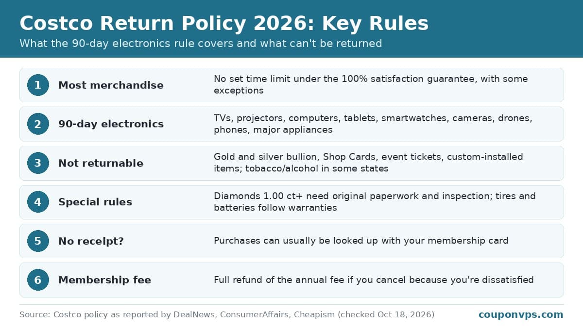 Costco return policy 2026 key rules: 90-day electronics list, non-returnable items, diamonds and tires, no-receipt returns and membership fee refund