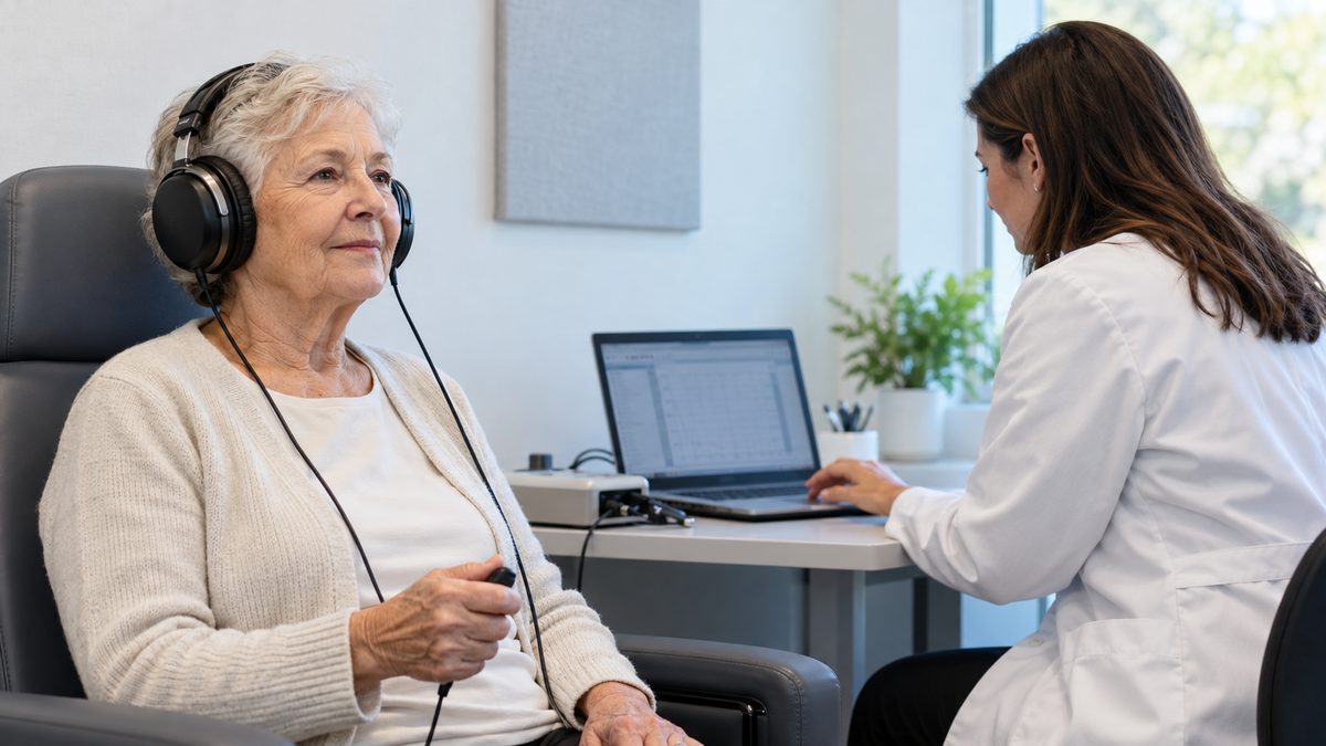Senior woman having a hearing test with a specialist wearing headphones in a quiet clinic room