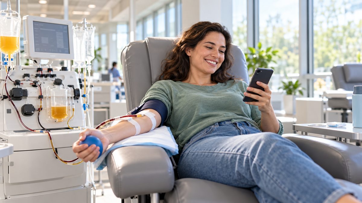 Smiling adult donor relaxing in a reclining chair during a plasma donation at a bright, modern donation center